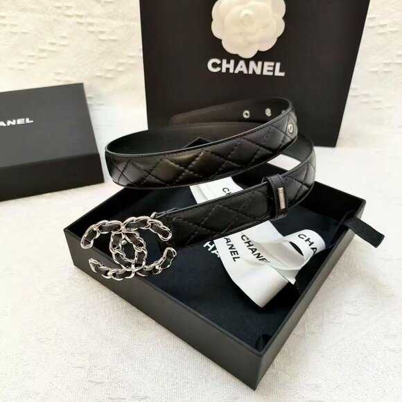 Chanel Letter Logo Smooth Clasp Leather Belt Women\'s Style Black